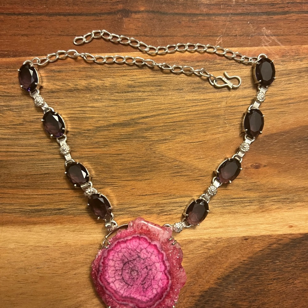 Rose Solar Quartz Gemstone Necklace with Synthetic Amethyst stones